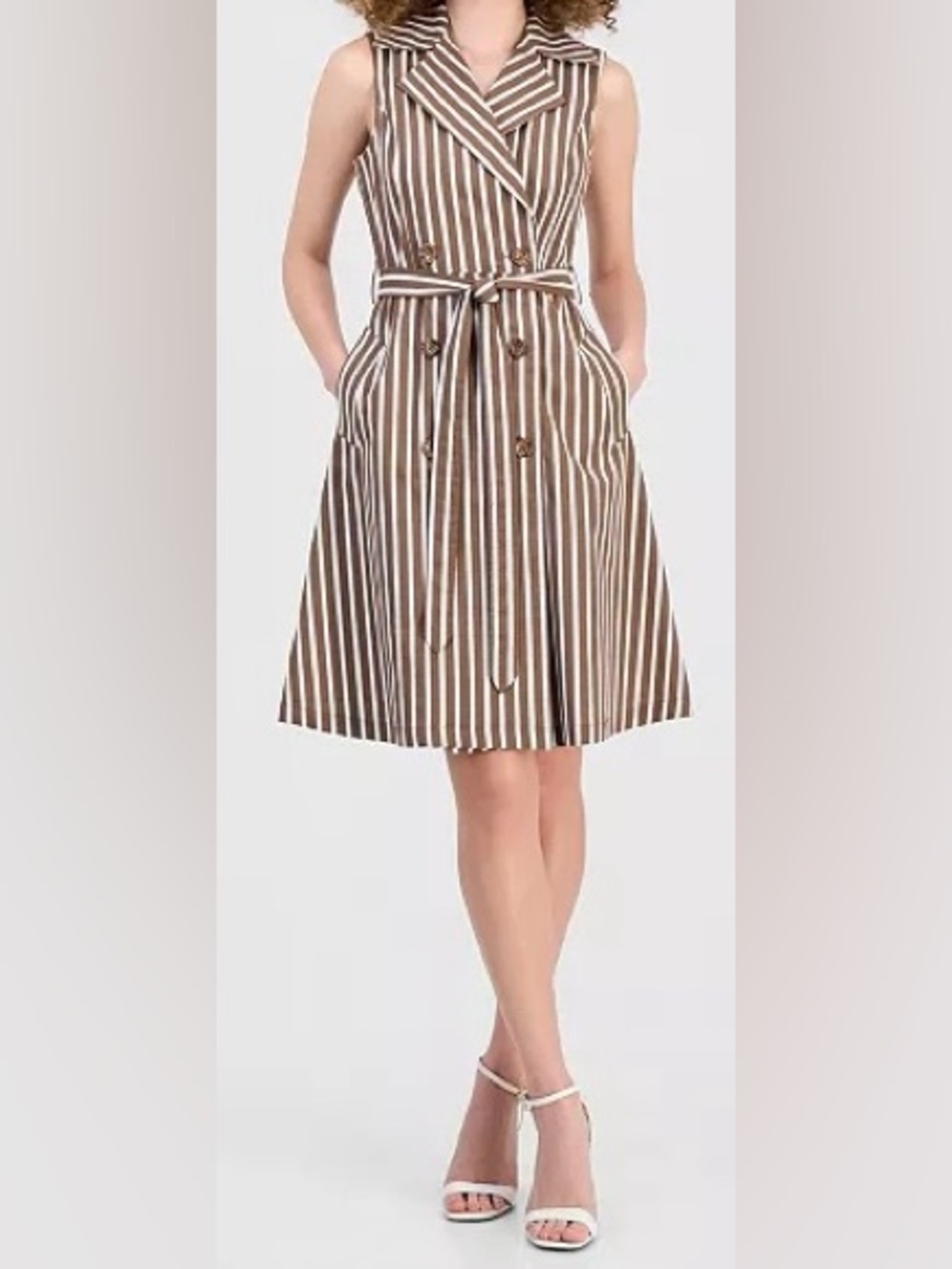 Signature by Robbie Bee Sleeveless Brown/White Striped Wrap Dress w/Belt; Sz XL